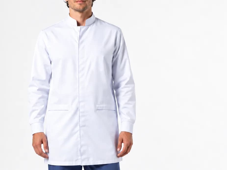 Médico con bata azul de manga larga y cuello mao